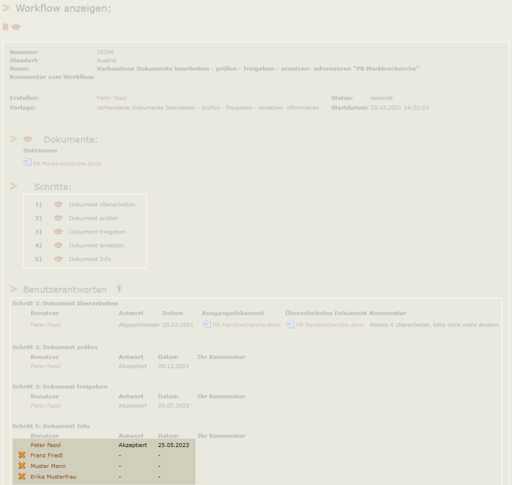 Screenshot zeigt jene Stelle im enabler4BIZ, an der User aus dem DokInfo-Schritt im Workflow entfernt werden kann.