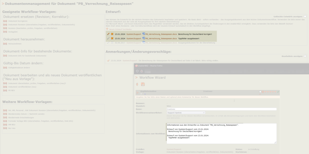 Screenshot, zeigt die Übernahme der Entwurfskommentare in den Revisionsworkflow.